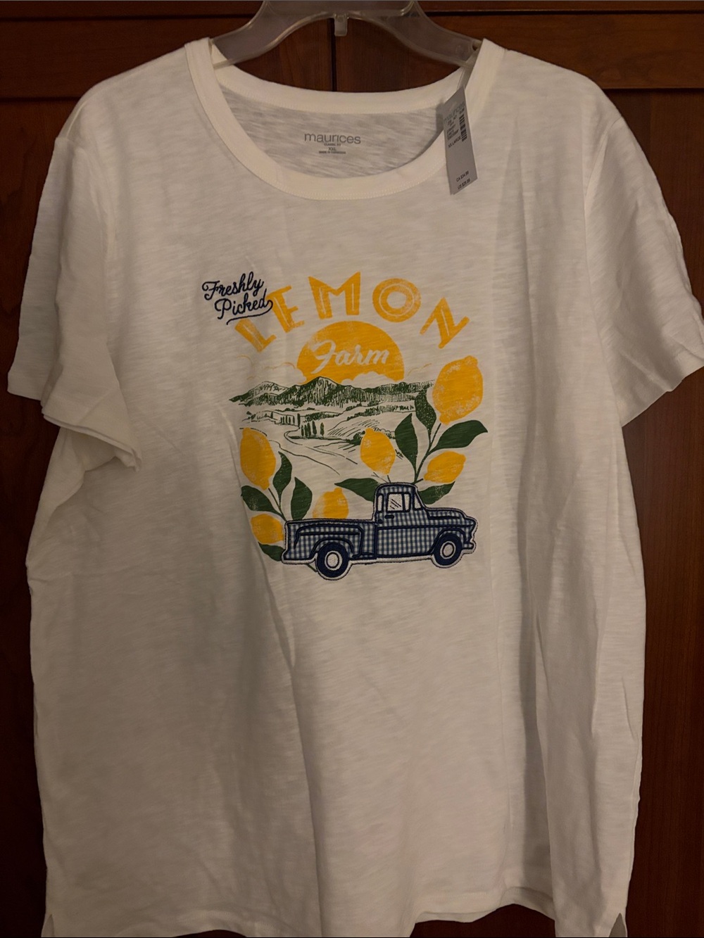 Maurices White Short-Sleeve Tee with Yellow Lemon & Navy Truck Graphic